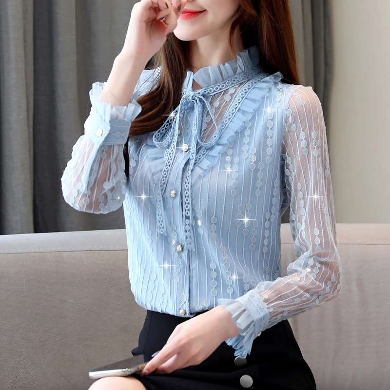 

COIGARSAM Casual Lace Shirt Womens tops New Spring Full Sleeve Chiffon Loose Stand Neck Belt Women shirts Pink Blue Yellow 9809