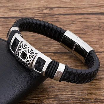 Couples Fashion Charm Rope Wholesale Black Genuine Leather Bracelet Men Jewelry Stainless Steel Magnetic Accessories