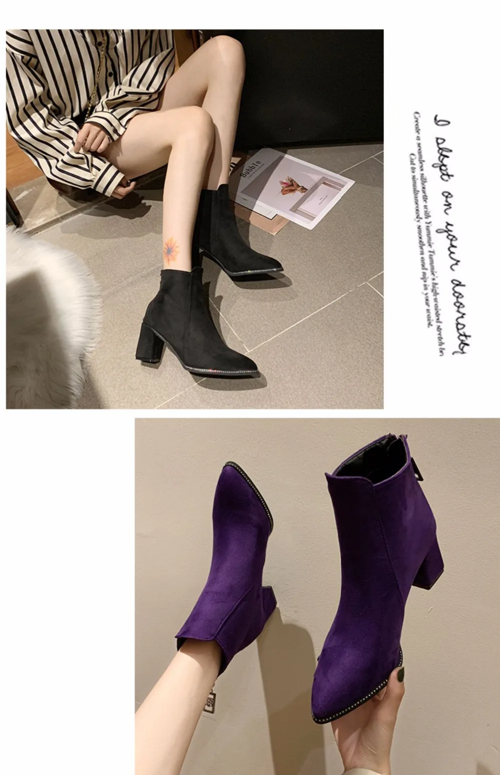 Фиолетовые ботинки «Челси» с острым носком на высоком толстом каблуке; Ботинки martin из флока с украшением в виде кристаллов и кожи на молнии сзади; Брендовые ботильоны