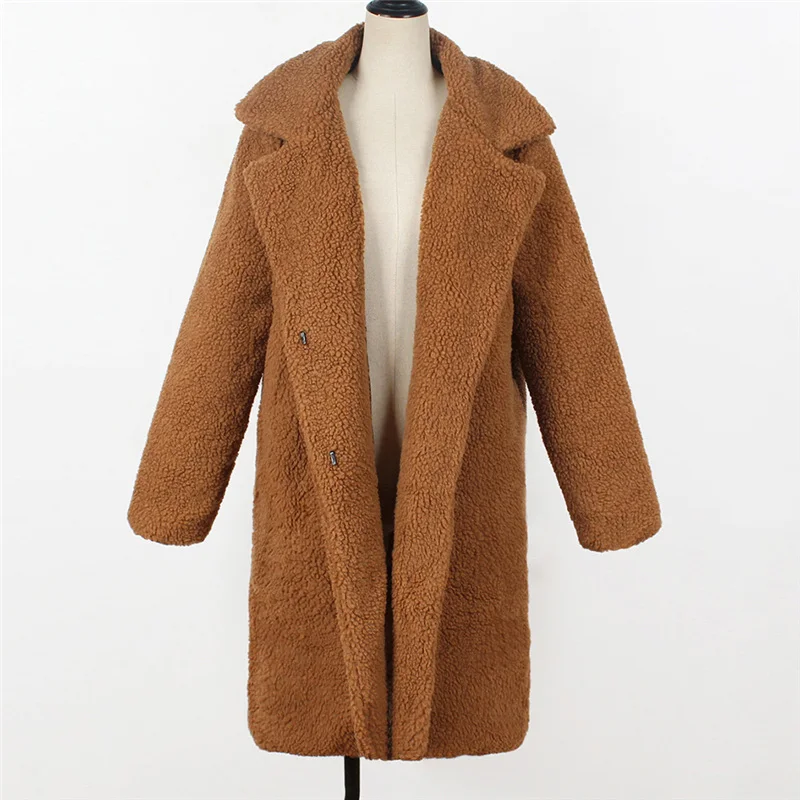 Женское пальто с открытой строчкой, модное женское теплое пальто с искусственным мехом, однотонная Длинная Верхняя одежда с отложным воротником, зимняя одежда размера плюс