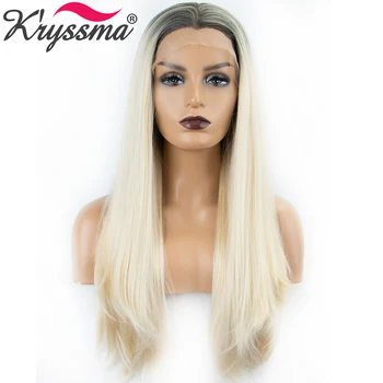 

Kryssma Long Ombre Blonde Wig Synthetic Lace Front Wigs For Women Middle Part Straight Mixed Black Wig High Temperature Fiber