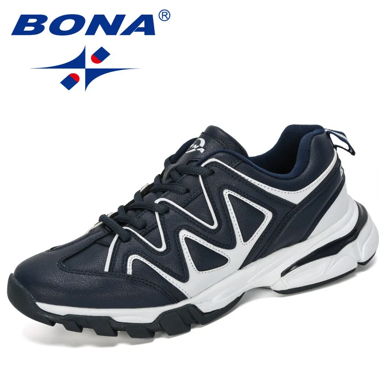 Deep blue white BONA/ новые дизайнерские кожаные кроссовки мужские уличные кроссовки Повседневная дышащая обувь Бег Теннис обувь мужские модные - Цвет: Deep blue white