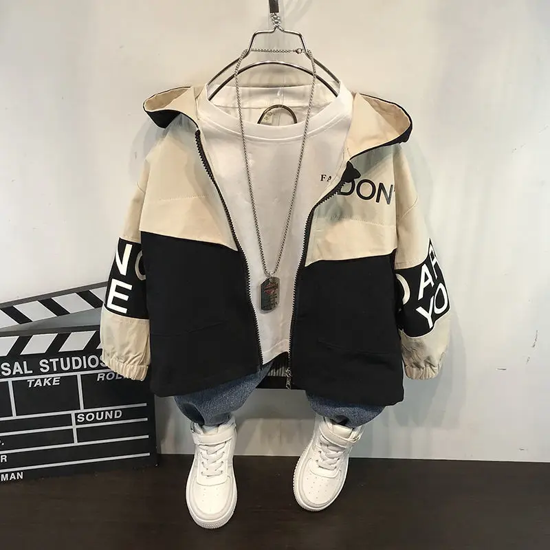 

Boys Spring Autumn Fashion Print Hooded Casual Loose Jacket 2021 New Korean Baby All-Match Children'S Top