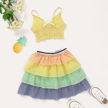 

Micol Emilly Children Clothes Set Girls Vest + Checkered Stripe Skirts 2 Pieces Tulle Fringed Dress Cupcake Skirts 2-7 Years