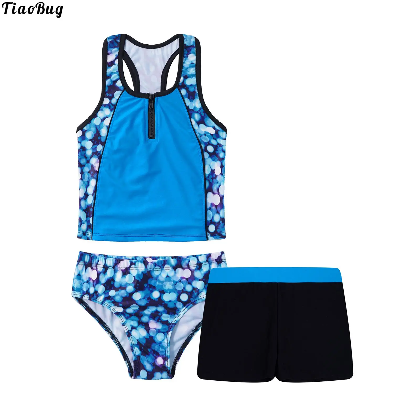 

Girls Summer Tankini Set 3 Piece Briefs+Tops+Boxer Floral Print Sleeveless Racerback Tank Vest Shirt Short and Bikini Triangle