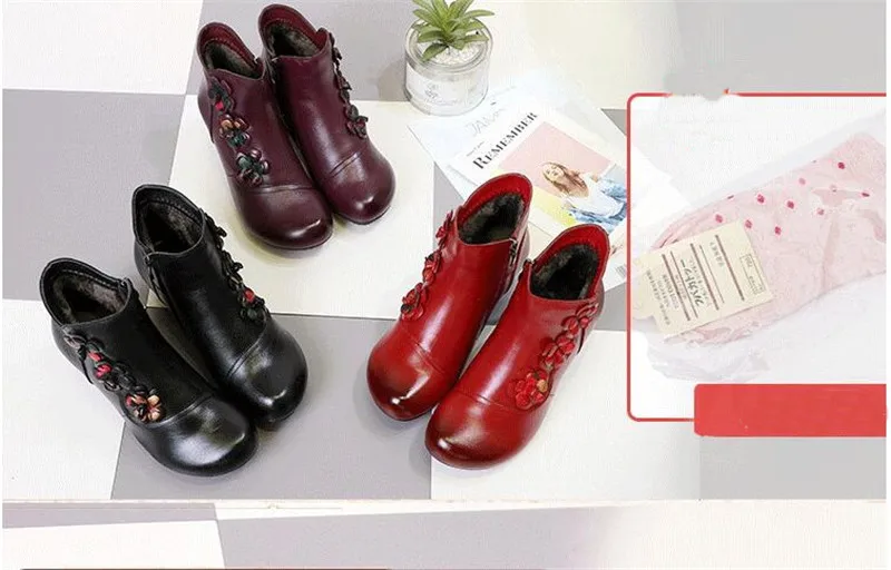 YAERNI Autumn Winter Shoes Woman Cow Leather Flower Shoes Comfort Med Heel Ankle Boots Genuine Leather Fashion Shoes women