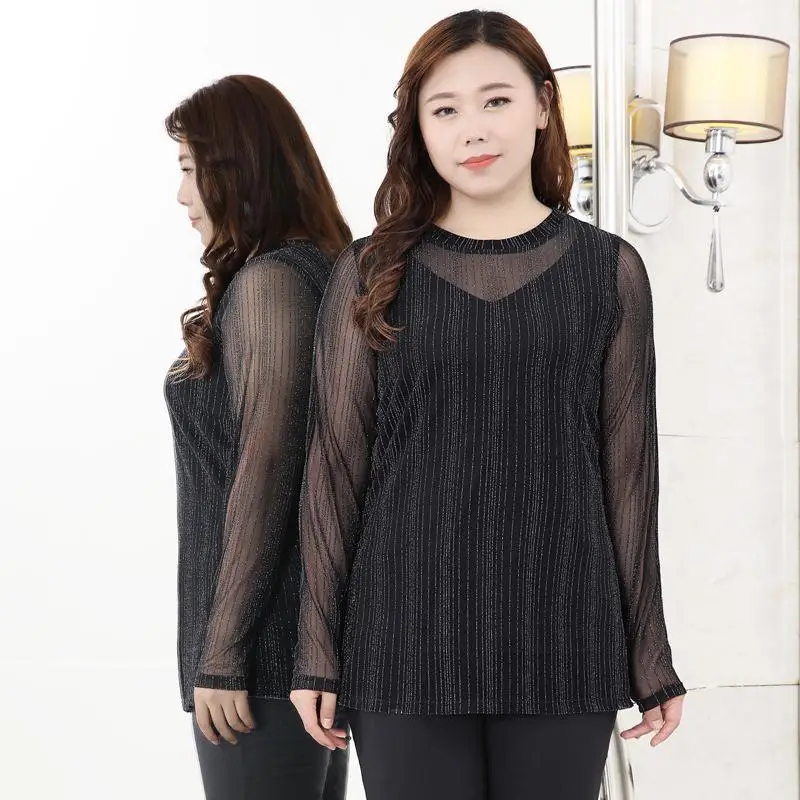Женская Весенняя футболка с длинными рукавами размера плюс 10XL 8XL 6XL 4XL, женская футболка с круглым вырезом, сетчатый топ в полоску, тонкие футболки для женщин - Цвет: black
