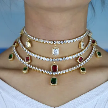 

Fashion Square Stone Pendant Clear Iced Out Necklace Trendy Charm Bling Tennis Chain Women Necklace Wedding Anniversary Jewelry