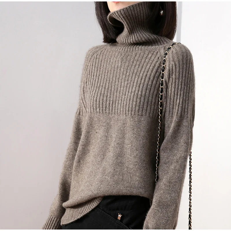 Зимний кашемировый женский свитер с высоким воротом, винтажный вязаный пуловер в рубчик, Женский, Повседневные свитера с длинным рукавом, женские черные