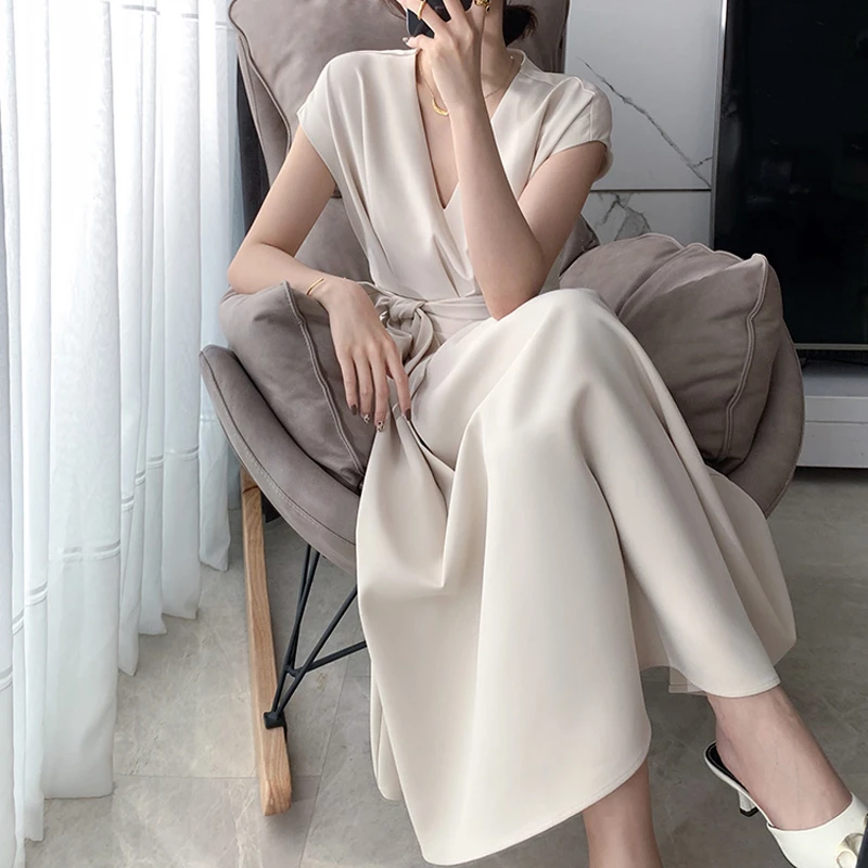 Elegant Slim Dress Women V Neck Short Sleeve Casual Midi Dress Office Lady One Piece Dress Korean Evening Party 21 Summer Chic Dresses Aliexpress