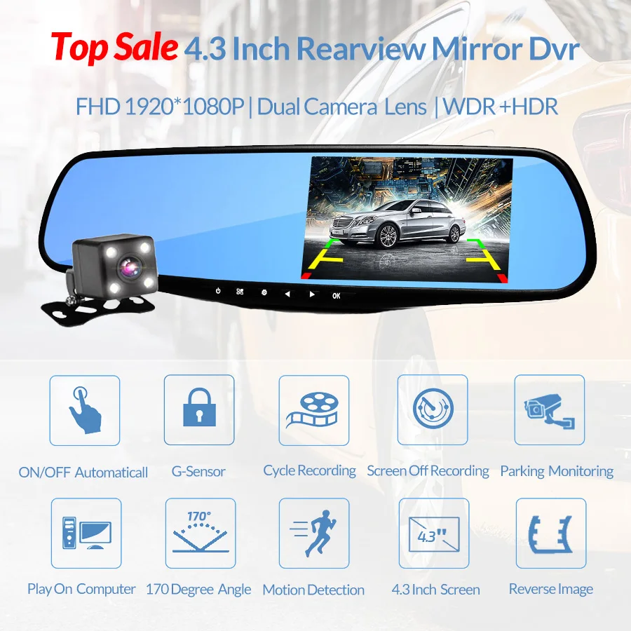 Full HD 1080P Car Dvr Camera Auto 4.3 Inch Rear view Mirror Digital Video Recorder Dash Cam Dual Le