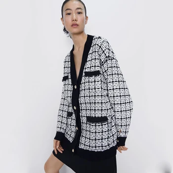 

ZA Blazers Women Fashion 2019 Autumn Winter England Houndstooth Soft Tweed Oversize Drop-Shoulder Party Friends Gifts Wholesale