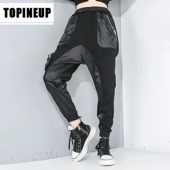 

spring 2020 New Women Fashion Solid color Zip pocket elastic waist splicing pant
