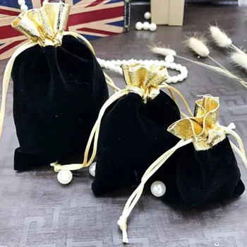 

50 pcs/lot Three Size High Quality Black Velvet Drawstring Pouches Jewelry Gift Bag with string,Gold Trim velvet Packaging bags