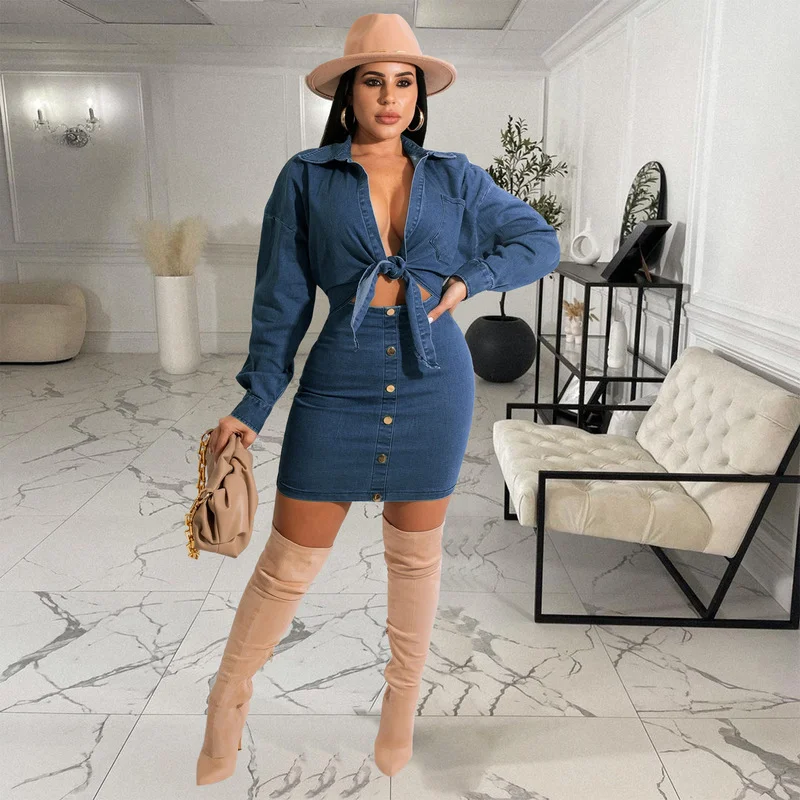 Women Denim 2 Two Piece Set Bow-knot Lace Up Long Sleeve Crop Top Sheath Skirts 2021 Autumn Winter Clothes Fashion Sexy Outfits