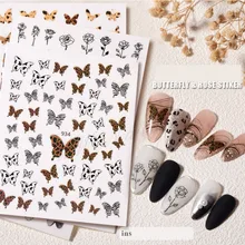 10Pcs 3D Leopard Butterfly Print Nail Art Stickers Boho Style Brown Butterfly Pattern Nail Decals Adhesive Manicure Decal