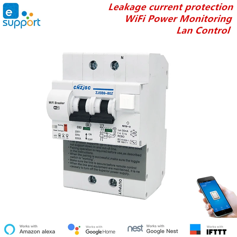2P 63A EWelink 2P RCBO WiFi автоматический выключатель мониторинг энергии ярлык защита от утечки умный автоматический выключатель Alexa IFTTT совместимый - Комплект: 2P 63A