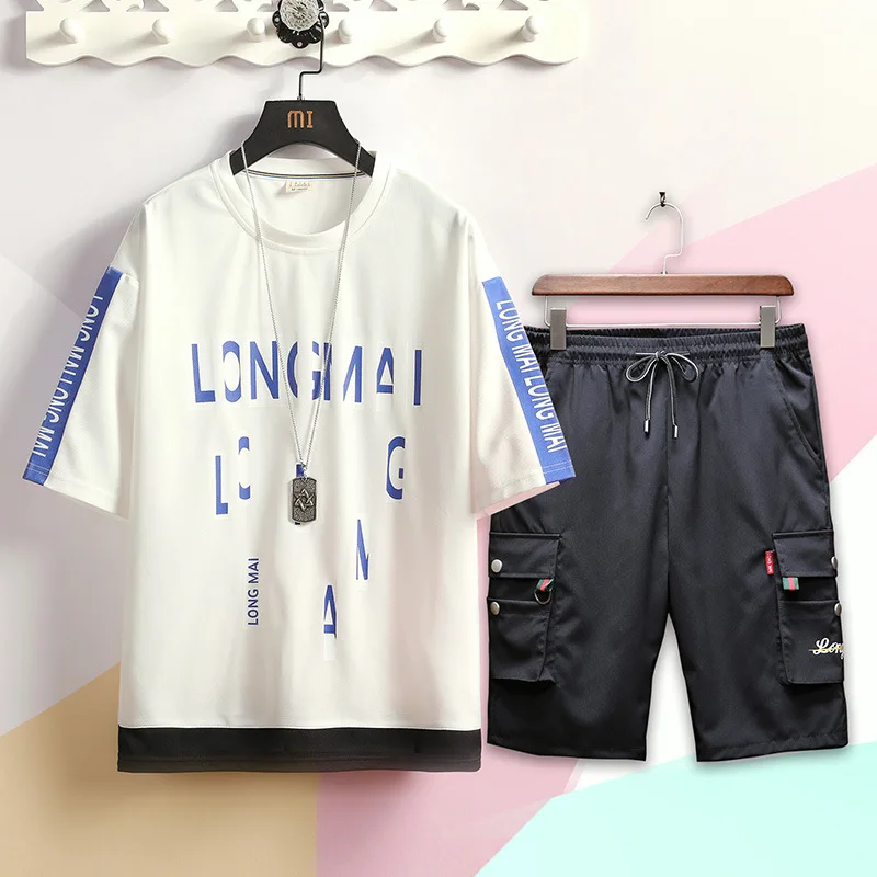 

2019 Summer New Style Japanese-style Casual Printed Large Size Mixed Colors Short Sleeve T-shirt Short Bib Overall Set Men's Tz8