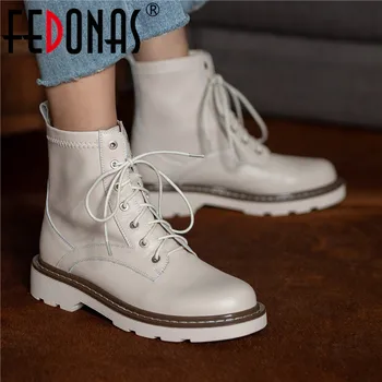 

FEDONAS Women Ankle Boots Off White Genuine Leather Tound Toe Shoes For Women Cross Tied Fashion Wedding Party Winter Boots