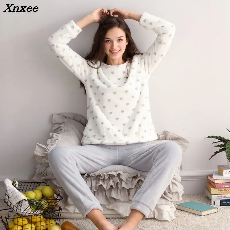 two piece 2018 autumn winter women ladies fleece Warm soft Flannel heart printed pajamas suit Female casual home clothes Xnxee