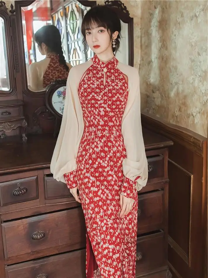 

2020 new fashion women's clothing Patchwork Full Ankle-Length Vintage dresses for women dresses