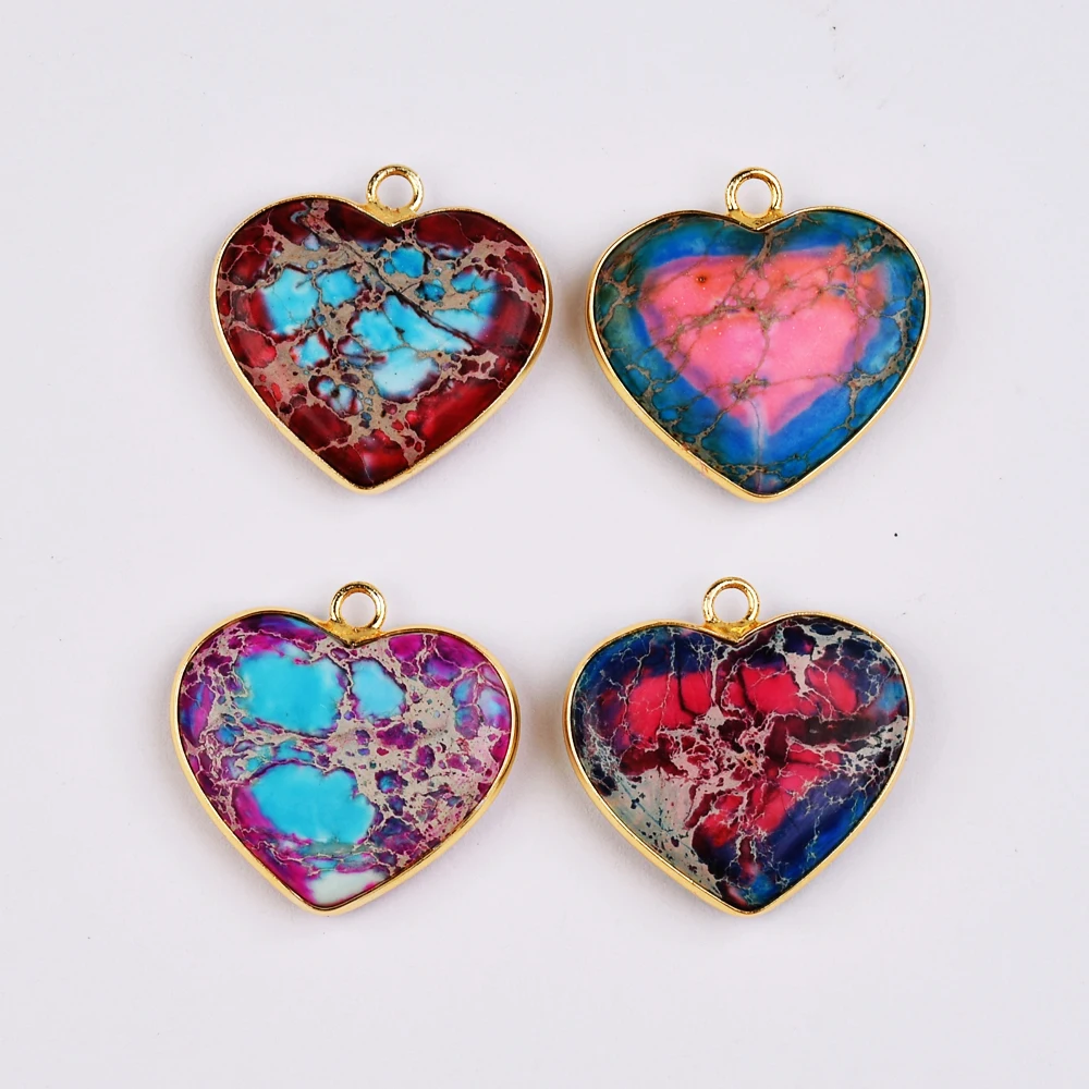 

BOROSA Design 10PCS Gold Heart Multi-kind Color Sea Sediment Jasper Charm For Women's Earrings And Necklaces DIY WX2001