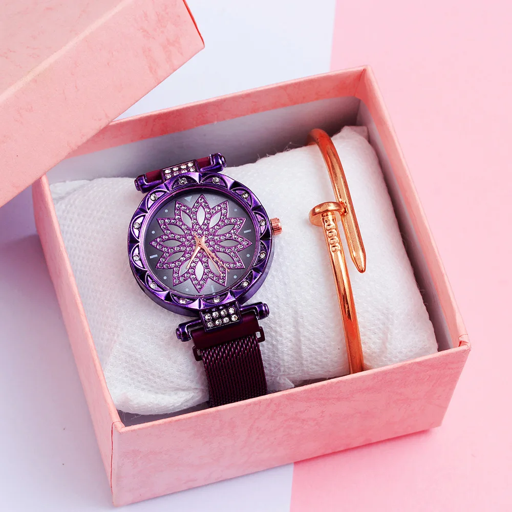 

Women Magnet Watch Purple Lucky Flower Watch Luxury Diamond Female Clock Ladies Stainless Steel Quartz Watches Relogio Feminino
