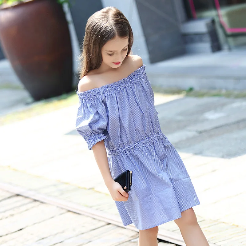 

Girls Dress 2018 New Style Korean-style Summer Western Style Skirt Stripes Horizontal Neck off-Shoulder Puffy Yarn Princess Skir