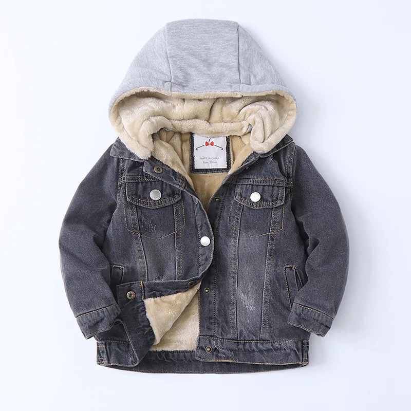 Letter embroidery boy's coat winter children's clothing plush thickened hooded boy's denim jacket