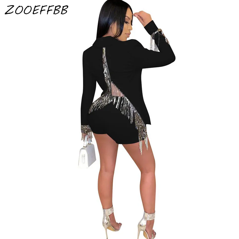 Zooefffbb, комплект из 2 предметов, женская праздничная одежда, с разрезом сзади, с бахромой, блейзер, топ, шорты, комплект из двух предметов, сексуальные клубные наряды