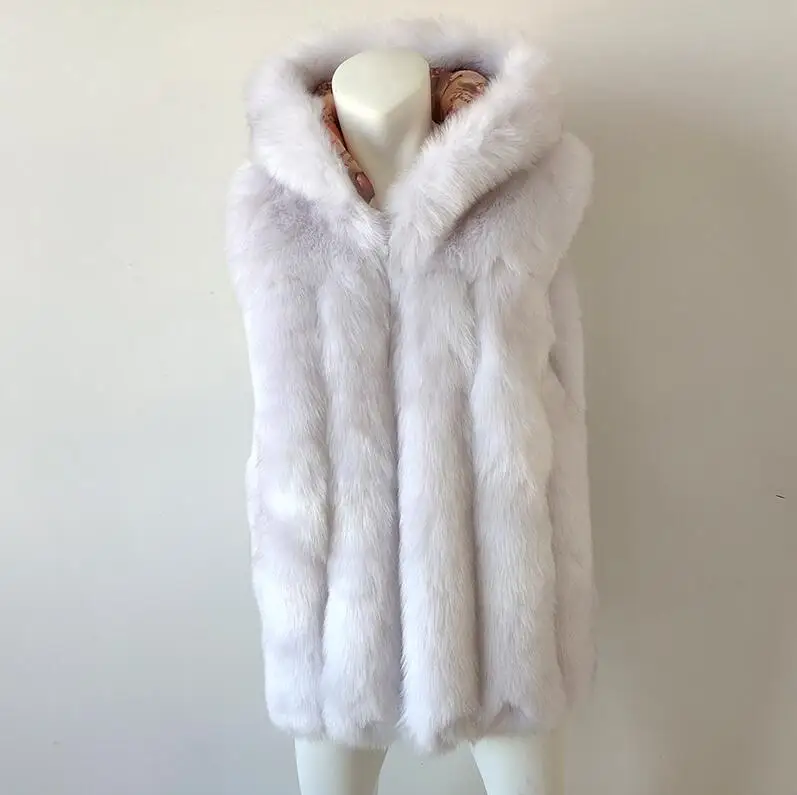 White with black tip Новинка весны, женское меховое пальто с капюшоном, имитация меха серебристой лисы, жилет размера плюс, Женское пальто из меха лисы - Цвет: White with black tip