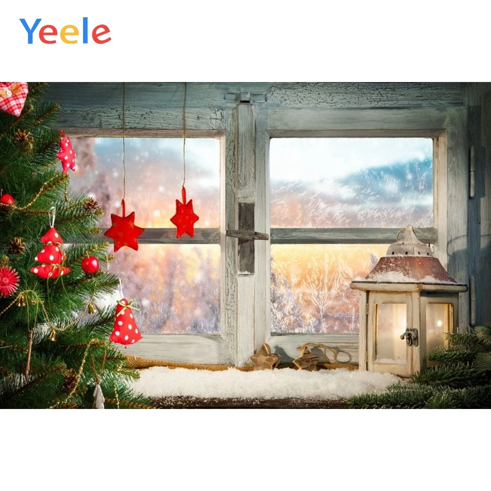 Рождественский фон с изображением окна занавески с рисунком деревьев Подушка Зимний снег детский портретный фон Виниловый фон для студийной фотосъемки
