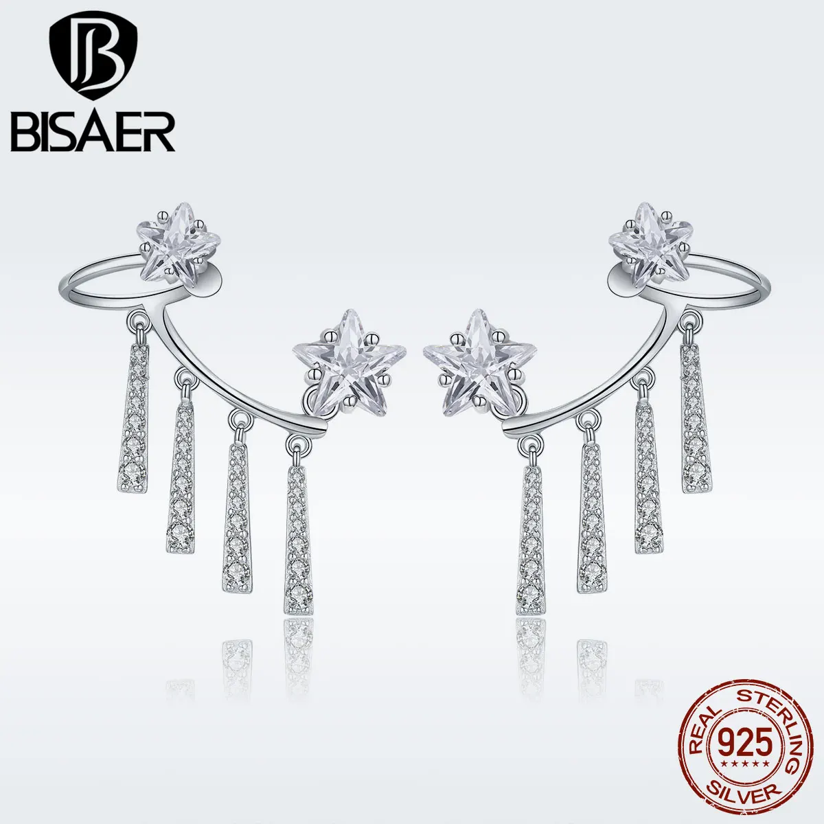 

BISAER Earrings 925 Sterling Silver Clear CZ Tassels Clip Dangle Earrings for Women Luxury Wedding Jewelry Fine Jewelry GXE503
