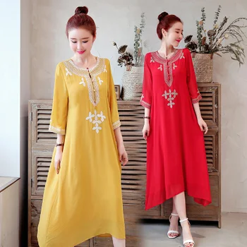 

Summer Chinese Style Cotton Linen Embroidery Floral Literature Art Ladies Dresses Red Yellow Black White Long Women Dress Work