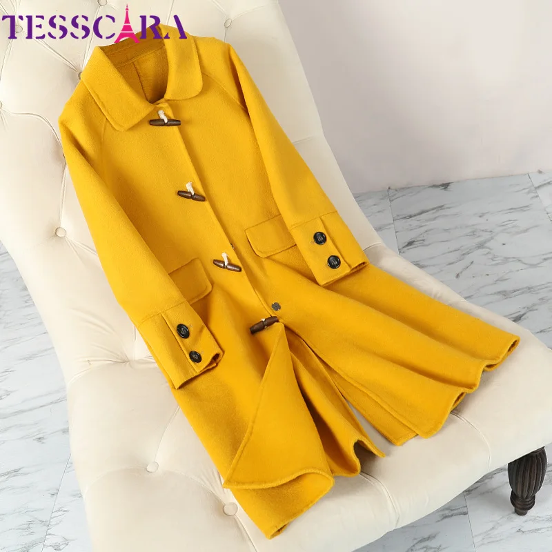 Yellow TESSCARA Женская осенне-зимняя шерстяная куртка пальто женские высококачественные длинные кашемировые куртки с роговыми пуговицами верхняя одежда и пальто - Цвет: Yellow