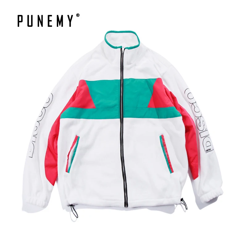 

Retro Harajuku Jackets Men Coats Fleece Patchwork Color Block Zipper Hip Hop Streetwear Stand Collar Oversize Man's Jackets Coat