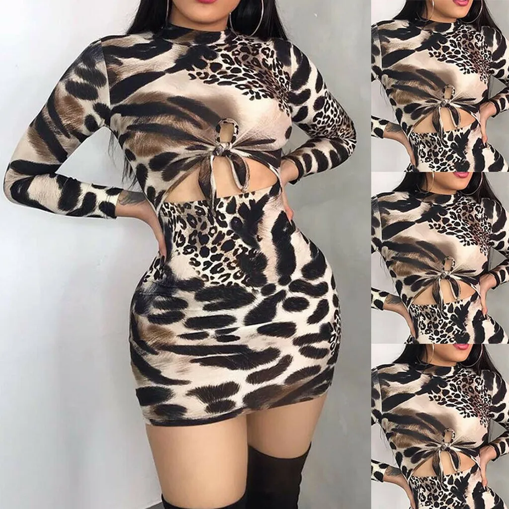 Женское платье с леопардовым принтом SAGACE белое длинным рукавом и круглым вырезом