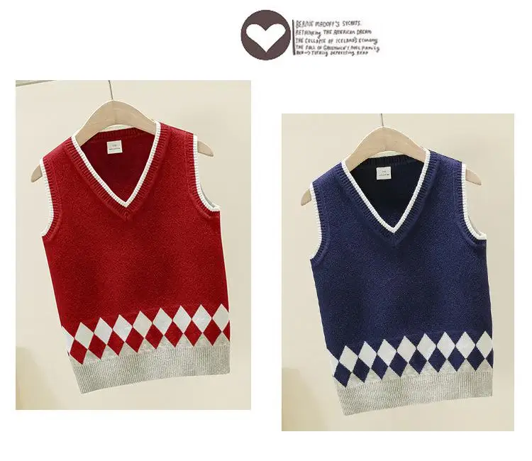 Geometric Rhombus Knit Vest for Big Boys Autumn Preppy Style School Uniform Baby Girls Sleeveless Outerwear Knitted Sweater New