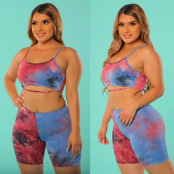 

2020 New Summer Women Homewear Tracksuit 2PCS Female Sling Sleeveless Bra Top Knee Length Pants Tie-dye Gradient Set Outfit