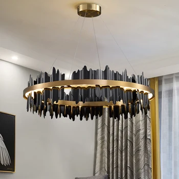 

New design black chandelier lighting for living room luxury steel led light fixture dining room bedroom round suspension lamps