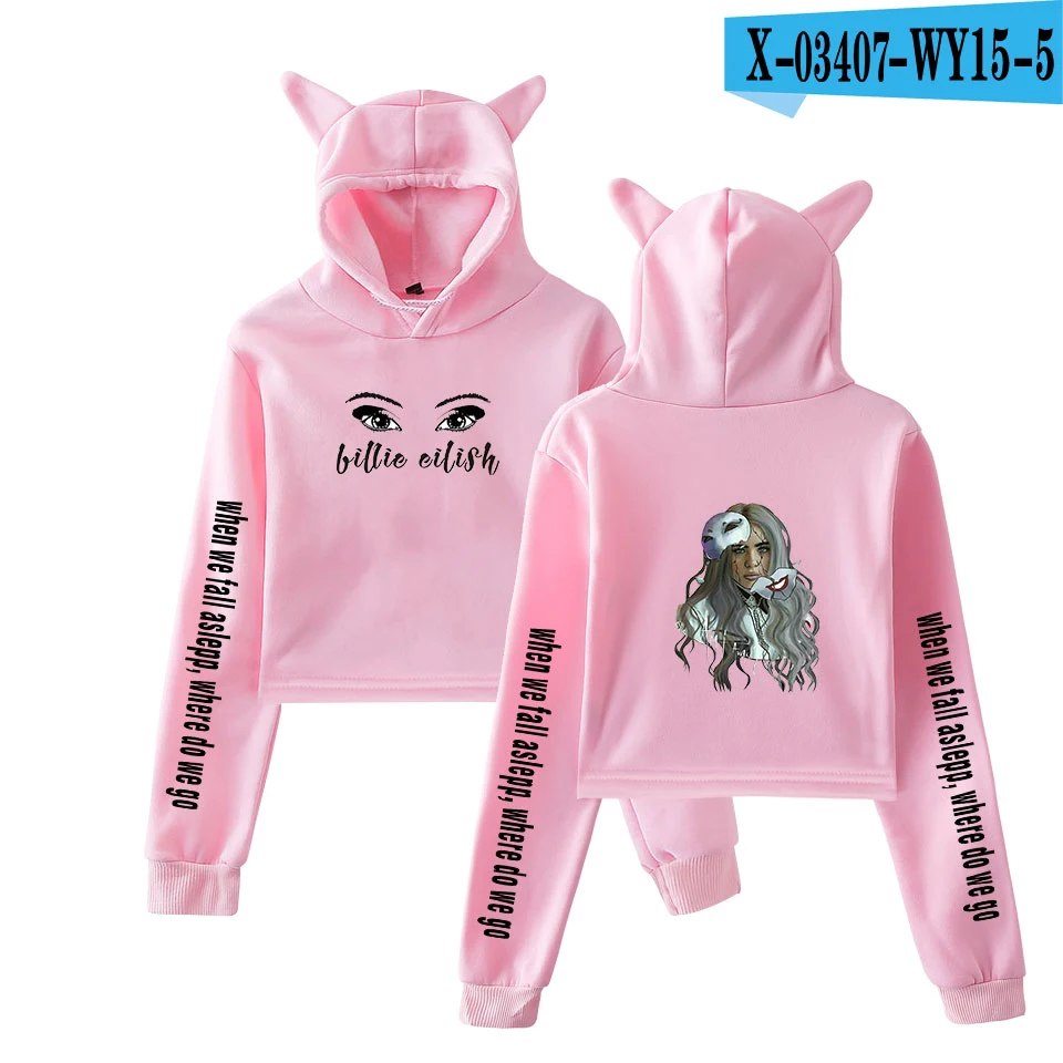 Толстовка в стиле хип-хоп Billie Eilish, женский милый топ, худи для девочек, Дамский модный пуловер, короткое худи с кошачьими ушами, толстовка - Цвет: WY1505