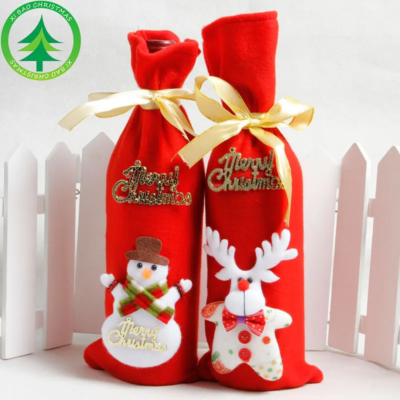 

4 Pieces Cute Christmas Linen Red Wine Bottle Cover Bags Xmas Table Decor Christmas Decorations for Home Holders Xmas New Year