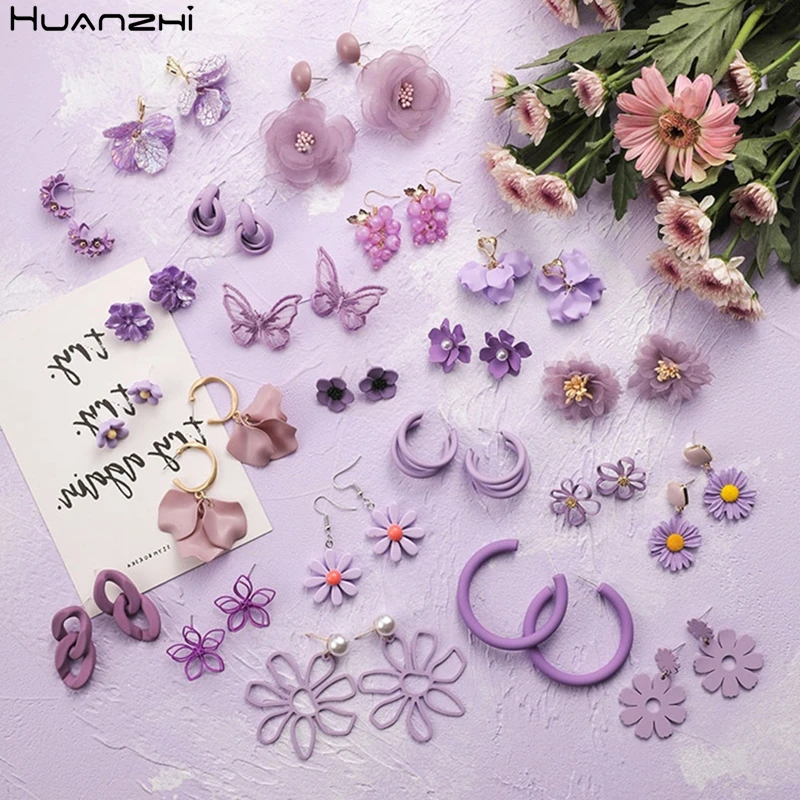 HUANZHI 2020 New Korea Simple Purple Crystal Flower Heart Geometric Hollow Metal Stud Earring for Women Girls Jewelry | Украшения и