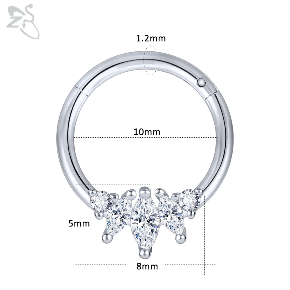 ZS 1 шт. высокое качество кольцо для носа из нержавеющей стали CZ кристалл обруч перегородка кольца ухо спиральный для хряща пирсинг носа пирсинг ювелирные изделия - Окраска металла: B-10MM