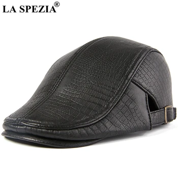 

LA SPEZIA Genuine Leather Black Hat Men Flat Cap Real Sheepskin Beret Hat Spring Autumn Male Brand Adjustable Gatsby Beret Caps