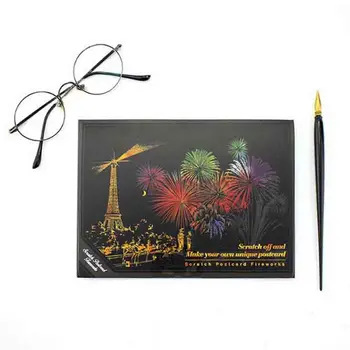 

4 Pcs/pack Kawaii Magic Scratch Art Painting Paper Fireworks Word City Greeting Postcards Cards Drawing Stick Kids Stationery