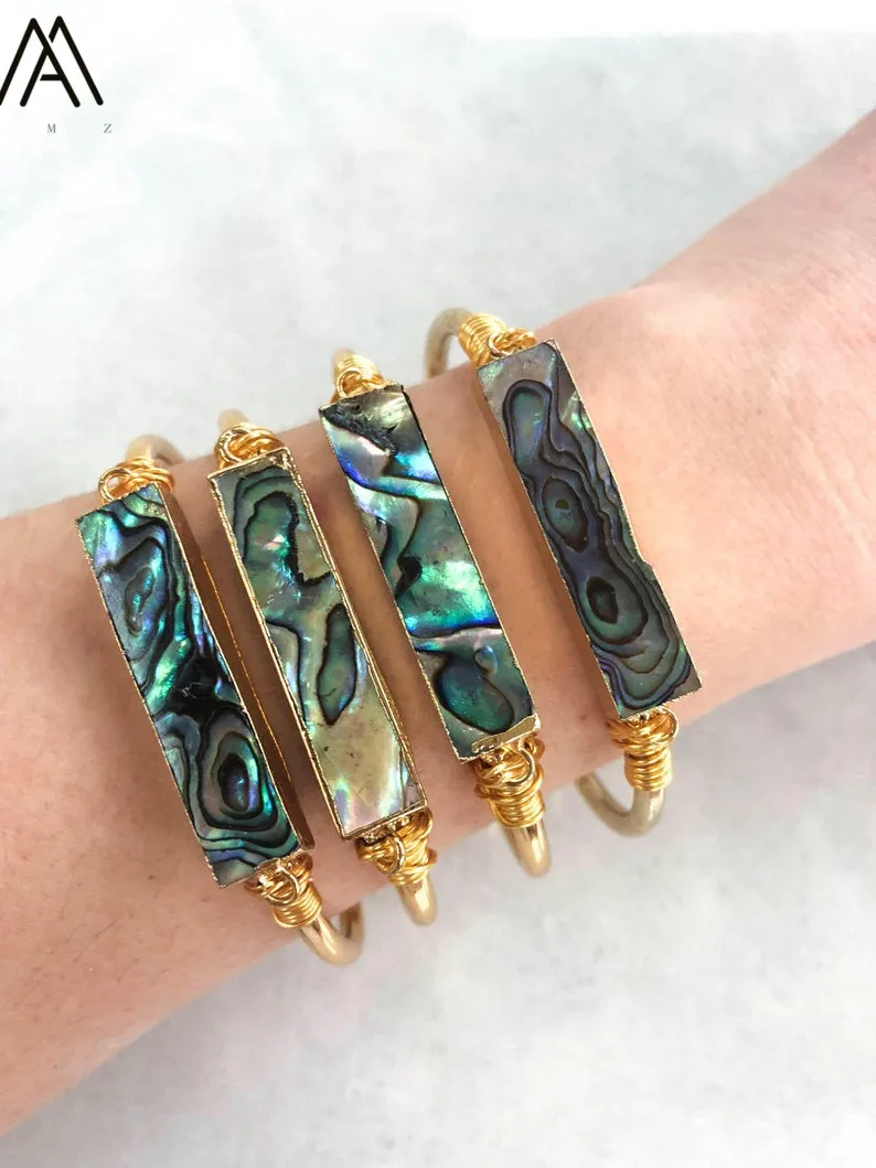 Natural Shell Beads Open Bangle Women Gold Copper Wire Wrapped Slice Abalone Cuff Bangles Bracelets Jewelry BG006AMBD | Украшения и