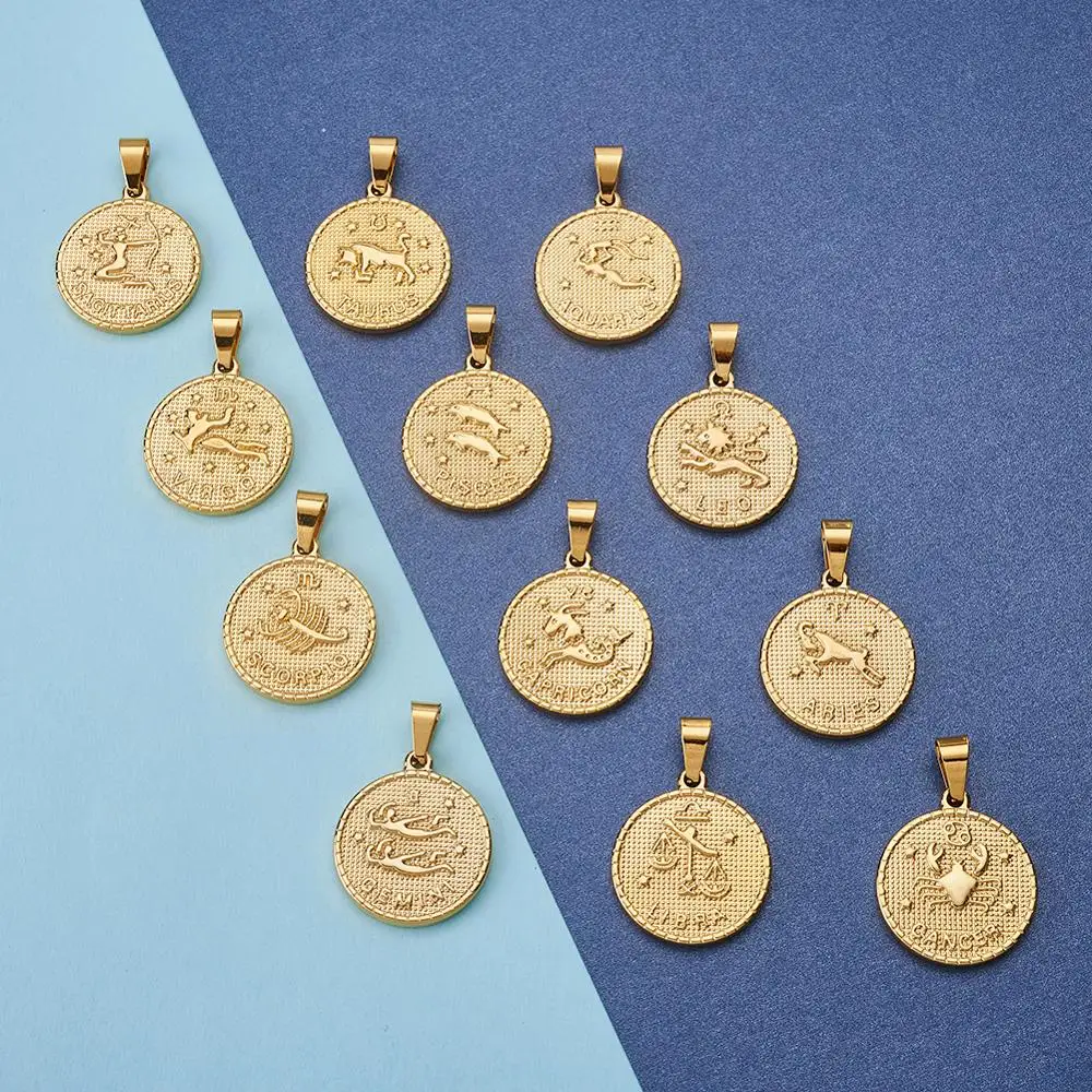 12pcs/set Stainless Steel Pendant Flat Round with Twelve Constellation/Zodiac Sign For DIY Jewelry Necklace Making Accessories
