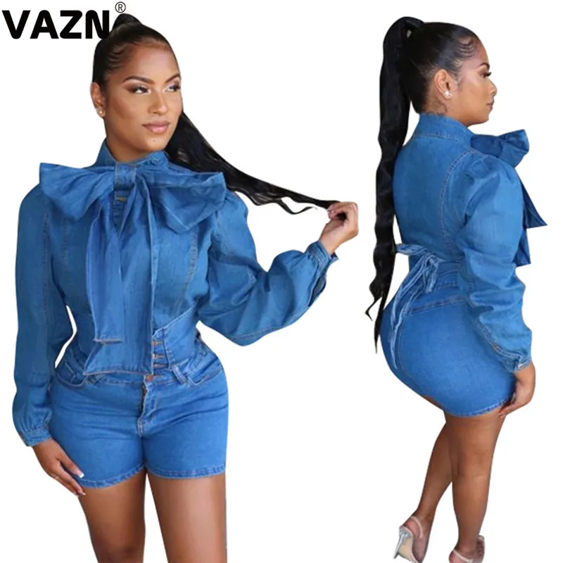 

VAZN MOF5114 Hot Sport Casual tracksuits Style Women Denim Set 2019 Long Sleeve Short Pants Elastic Braid Women 2 piece Set
