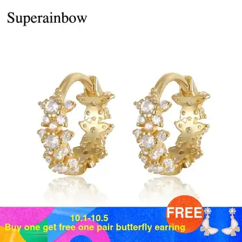 

SUPERAINBOW 925 Sterling Silver Circle Star Zircon CZ Hoop Earrings for Women Gold Small Round Earrings Fine Jewelry SR-E224